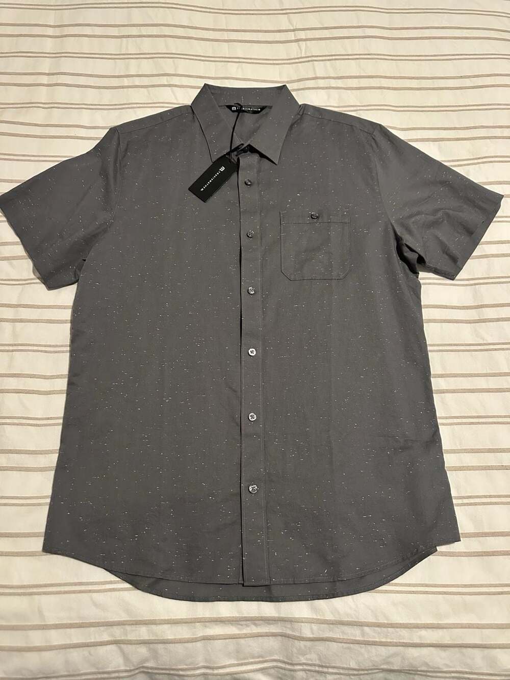 TravisMathew Men's Grey Short Sleeve Button-Down Shirt with White Specks and Poc